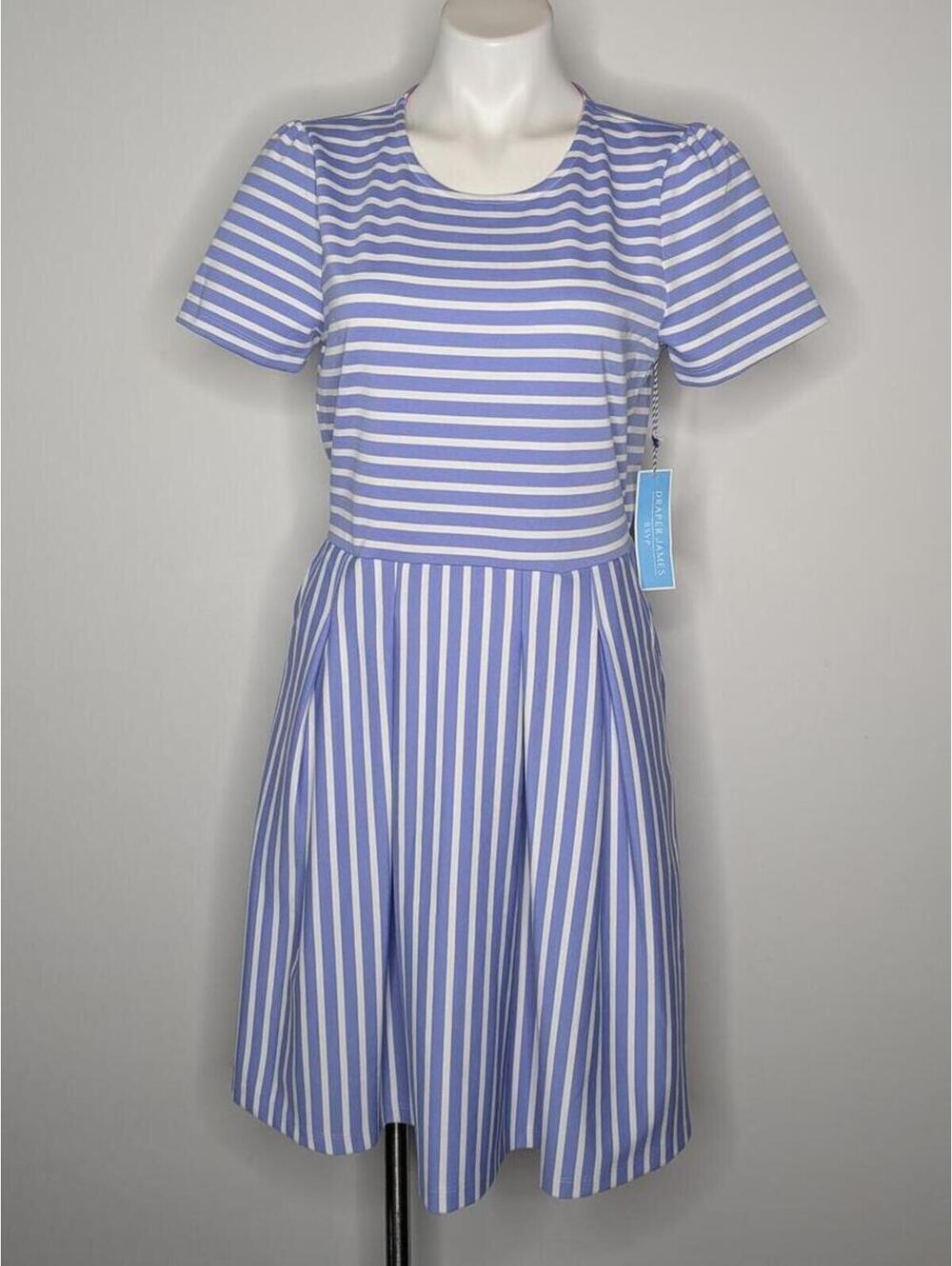 NWT Draper James RSVP Blue White Striped Shirt Sleeve Midi Dress M